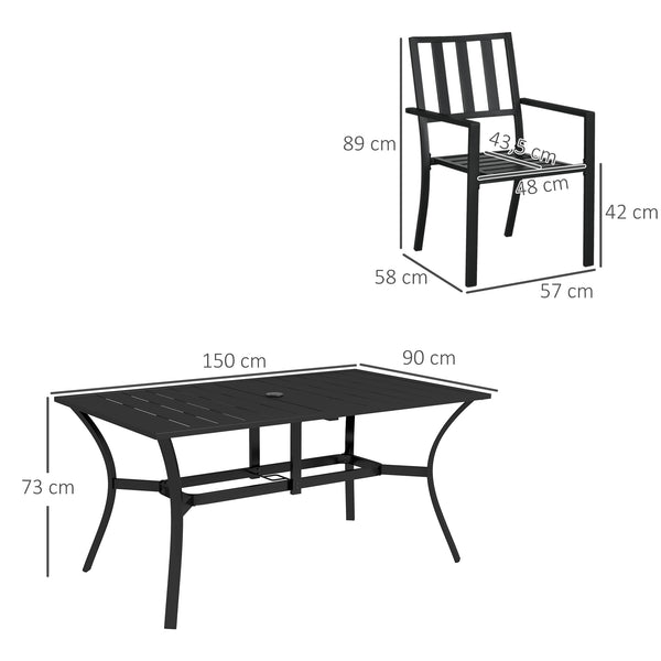 7 Pieces Patio Dining Set, 6 Seater Outdoor Table and Stackable Chairs with Umbrella Hole, Galvanised Steel Frame, Space Saving, for Poolside, Garden, Black