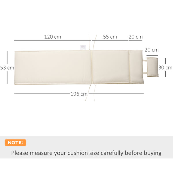 Garden Sun Lounger Cushion Replacement Thick Sunbed Reclining Chair Relaxer Pad with Pillow - Cream White