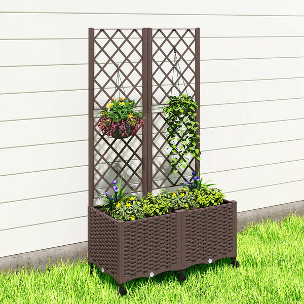 Planter Box with Trellis, Self Watering Raised Garden Bed with Lockable Wheels, 56.3" Trellis Privacy Planter with Drainage Holes for Climbing Plants, Vines, Vegetables, Flowers, Brown
