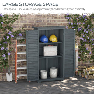 Small Shed, Wooden Garden Storage Shed, 3 Shelves Outdoor Tool Shed Cabinet with Asphalt Roof and Shutter Doors, 87cm x 47cm x 160cm, Grey
