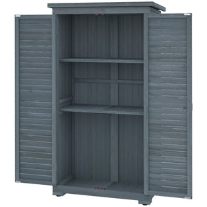 Small Shed, Wooden Garden Storage Shed, 3 Shelves Outdoor Tool Shed Cabinet with Asphalt Roof and Shutter Doors, 87cm x 47cm x 160cm, Grey