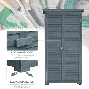 Small Shed, Wooden Garden Storage Shed, 3 Shelves Outdoor Tool Shed Cabinet with Asphalt Roof and Shutter Doors, 87cm x 47cm x 160cm, Grey