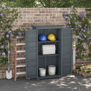 Small Shed, Wooden Garden Storage Shed, 3 Shelves Outdoor Tool Shed Cabinet with Asphalt Roof and Shutter Doors, 87cm x 47cm x 160cm, Grey