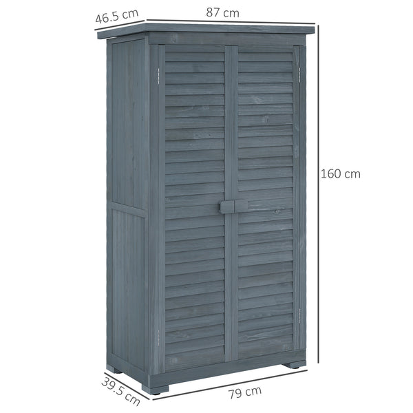 Small Shed, Wooden Garden Storage Shed, 3 Shelves Outdoor Tool Shed Cabinet with Asphalt Roof and Shutter Doors, 87cm x 47cm x 160cm, Grey