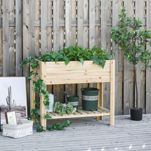 Wooden Raised Garden Bed Planter, Elevated Planter Box with Storage Shelf and Bed Liner for Backyard, Patio, Balcony, 40" x 16" x 33", Natural Wood