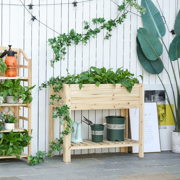 Wooden Raised Garden Bed Planter, Elevated Planter Box with Storage Shelf and Bed Liner for Backyard, Patio, Balcony, 40" x 16" x 33", Natural Wood
