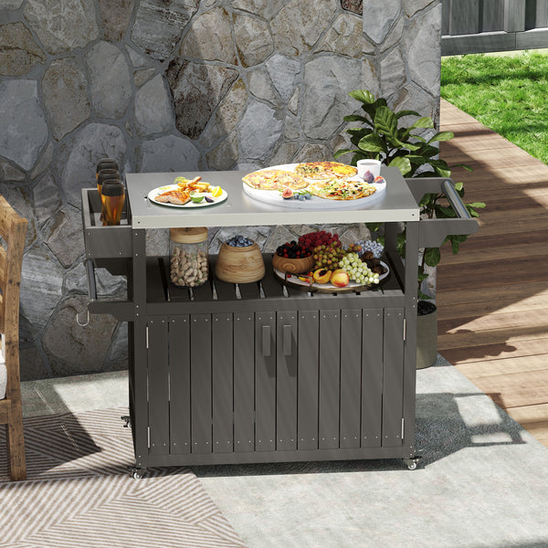 Outdoor Bar Cart with Storage Cabinet, Stainless Steel Top Kitchen Island on Wheels, HDPE Outdoor Bar Table, Movable Patio Beverage Food Prep Table for BBQ Picnic, Dark Gray