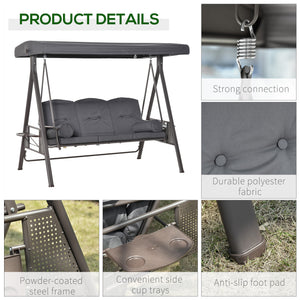 3 Seater Porch Swing Heavy Duty Outdoor Swing Chair Outdoor Lounge Hammock Cushioned Seat w/ Tilt Canopy, Dark Grey