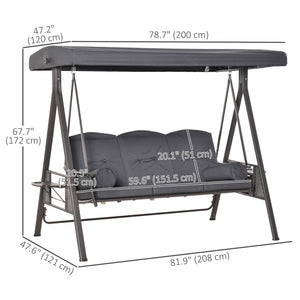 3 Seater Porch Swing Heavy Duty Outdoor Swing Chair Outdoor Lounge Hammock Cushioned Seat w/ Tilt Canopy, Dark Grey