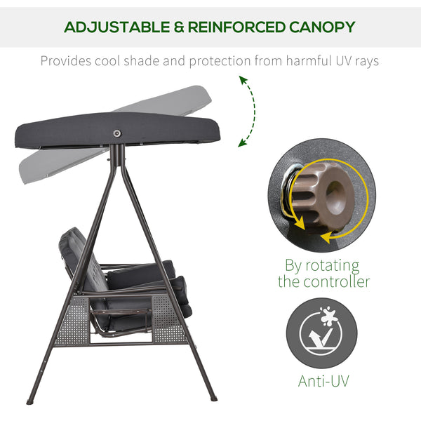 3 Seater Porch Swing Heavy Duty Outdoor Swing Chair Outdoor Lounge Hammock Cushioned Seat w/ Tilt Canopy, Dark Grey