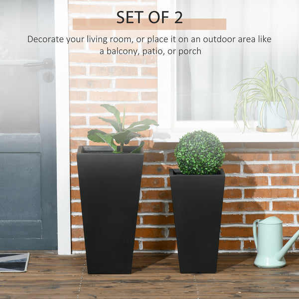 Set of 2 Tall Planters with Drainage Holes, 22" / 18" Outdoor Flower Pots for Patio, Yard, Garden, Black