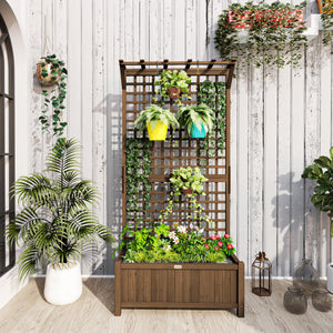 Wood Planter with Trellis for Climbing Plants, Raised Bed, Planter Box with Drainage Holes to Grow Vegetables, Herbs and Flowers for Garden, Patio, Yard, Brown