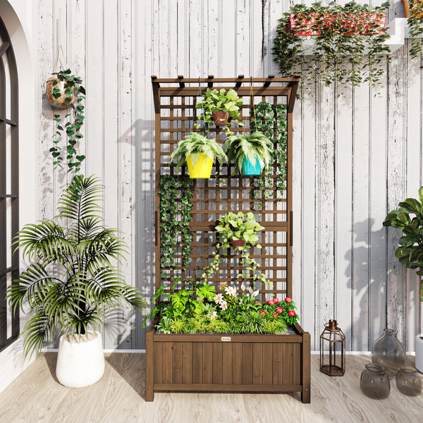 Wood Planter with Trellis for Climbing Plants, Raised Bed, Planter Box with Drainage Holes to Grow Vegetables, Herbs and Flowers for Garden, Patio, Yard, Brown