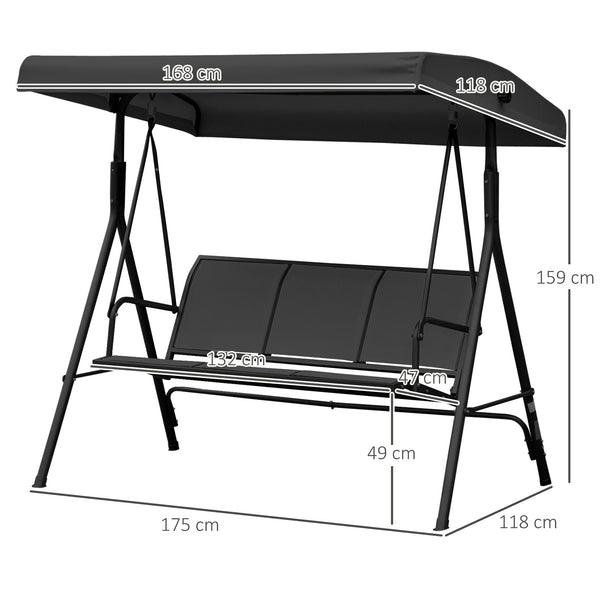 3 Seater Swing Chair, Garden Swing Bench with Canopy, Breathable Mesh Seat and Heavy Duty Steel Frame for Patio, Yard, Black