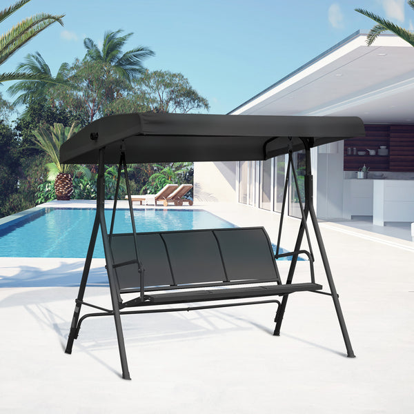3 Seater Swing Chair, Garden Swing Bench with Canopy, Breathable Mesh Seat and Heavy Duty Steel Frame for Patio, Yard, Black