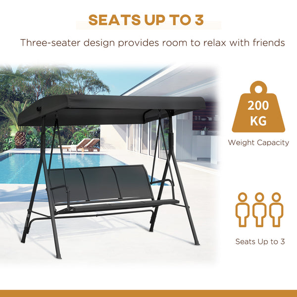3 Seater Swing Chair, Garden Swing Bench with Canopy, Breathable Mesh Seat and Heavy Duty Steel Frame for Patio, Yard, Black