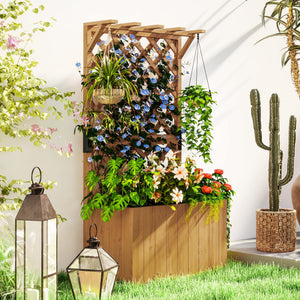 Wooden Planter with Trellis, Freestanding Raised Garden Bed with Drainage Holes, Outdoor Planter Box with Liner for Vegetables, Herbs and Flowers, Natural
