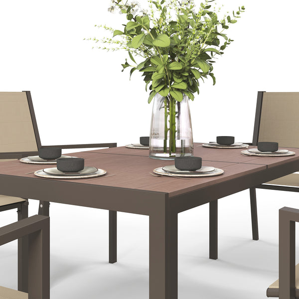 Garden Dining Set for 6, Garden Table and Stackable Chairs, 6 Seater Garden Furniture with Rectangular WPC Top Dining Table and Texteline Fabric for Outdoor, Patio, Khaki
