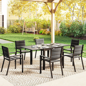 7 Piece Patio Dining Set for 6, Aluminum Expandable Outdoor Table and Stackable Chairs with Padded Back and Mesh Seats, Patio Furniture Dining Set for Garden, Black