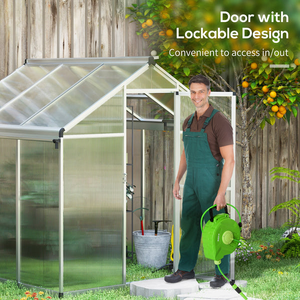 6 x 6ft Polycarbonate Greenhouse with Rain Gutters, Large Walk-In Green House with Door and Window, Garden Plants Grow House with Aluminium Frame and Foundation
