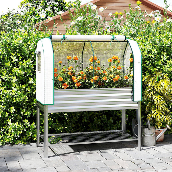 Galvanised Raised Garden Bed with Greenhouse Cover, Metal Elevated Garden Bed with Legs, Bed Liner and Bottom Shelf, Outdoor Raised Planter Box for Vegetables, Herbs, Flowers, Silver