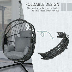 Outdoor Swing Chair with Thick Padded Cushion, Patio Hanging Chair with Metal Stand, Foldable Basket Egg Chair with Cup Holder, Rope Structure, for Indoor and Outdoor, Grey