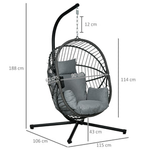 Outdoor Swing Chair with Thick Padded Cushion, Patio Hanging Chair with Metal Stand, Foldable Basket Egg Chair with Cup Holder, Rope Structure, for Indoor and Outdoor, Grey