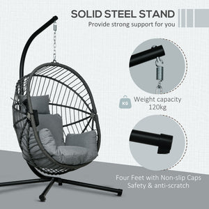 Outdoor Swing Chair with Thick Padded Cushion, Patio Hanging Chair with Metal Stand, Foldable Basket Egg Chair with Cup Holder, Rope Structure, for Indoor and Outdoor, Grey