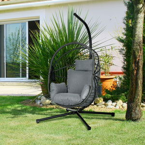 Outdoor Swing Chair with Thick Padded Cushion, Patio Hanging Chair with Metal Stand, Foldable Basket Egg Chair with Cup Holder, Rope Structure, for Indoor and Outdoor, Grey