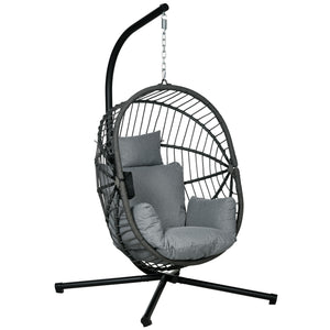 Outdoor Swing Chair with Thick Padded Cushion, Patio Hanging Chair with Metal Stand, Foldable Basket Egg Chair with Cup Holder, Rope Structure, for Indoor and Outdoor, Grey