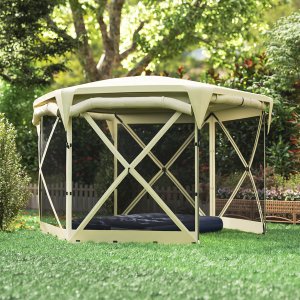 Pop Up Gazebo Screen Tent House, 11 x 11ft with UPF30+ Removable Roof Cover, 4 Roll-up Wind Panels and Carry Bag for Camping, Patio, Backyard, Lawn, Beige