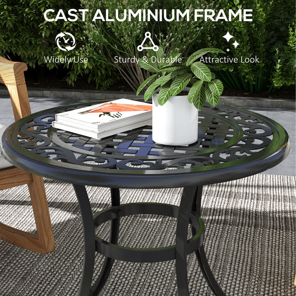 23.6" Patio Table, Outdoor Coffee Table, Round Hollow Top Design Side Table with Cast Aluminium Frame, Adjustable Feet for Garden, Balcony, Black