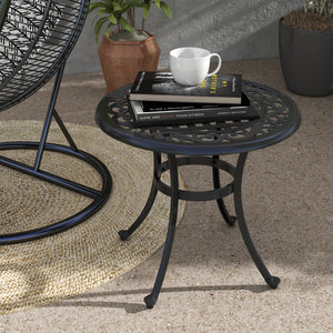 23.6" Patio Table, Outdoor Coffee Table, Round Hollow Top Design Side Table with Cast Aluminium Frame, Adjustable Feet for Garden, Balcony, Black