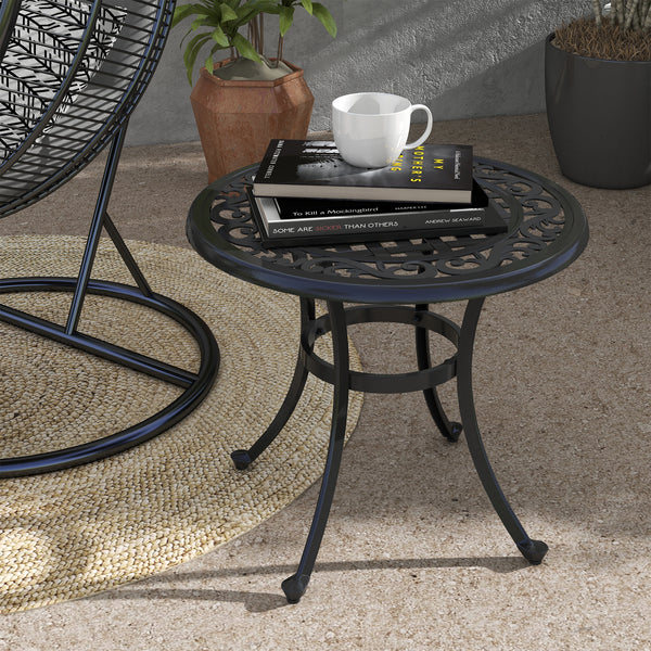 23.6" Patio Table, Outdoor Coffee Table, Round Hollow Top Design Side Table with Cast Aluminium Frame, Adjustable Feet for Garden, Balcony, Black