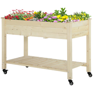 Raised Garden Bed Mobile Elevated Wood Planter Box w/ Lockable Wheels, Storage Shelf  for Herbs and Vegetables Backyard Patio Balcony Zebrano, Natural