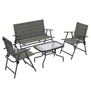 Outdoor 4 Pieces Patio Furniture Set with Breathable Mesh Fabric Seat & Backrest, Garden Set with Two Foldable Armchairs, a Loveseat & Glass Top Table, Mixed Brown