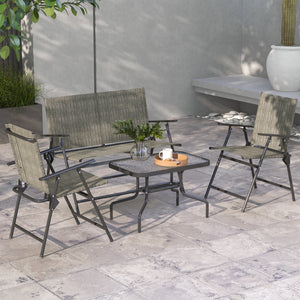Outdoor 4 Pieces Patio Furniture Set with Breathable Mesh Fabric Seat & Backrest, Garden Set with Two Foldable Armchairs, a Loveseat & Glass Top Table, Mixed Brown