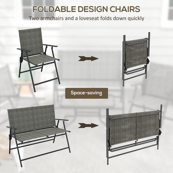 Outdoor 4 Pieces Patio Furniture Set with Breathable Mesh Fabric Seat & Backrest, Garden Set with Two Foldable Armchairs, a Loveseat & Glass Top Table, Mixed Brown
