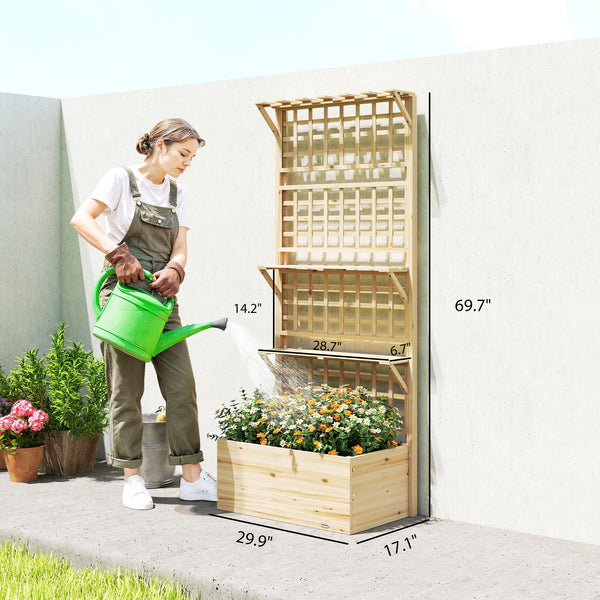 Wooden Raised Garden Bed with Trellis and Roof, Elevated Outdoor Planter Box with 2 Shelves, Drainage Hole and Liner for Climbing Plants Vegetables Flowers, Natural