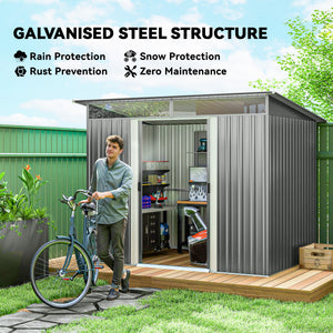 9ft x 6.5ft Metal Shed with Lightsky Panels, Garden Storage Tool House with Double Doors for Garden, Patio and Lawn, Light Grey