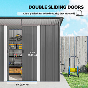 9ft x 6.5ft Metal Shed with Lightsky Panels, Garden Storage Tool House with Double Doors for Garden, Patio and Lawn, Light Grey