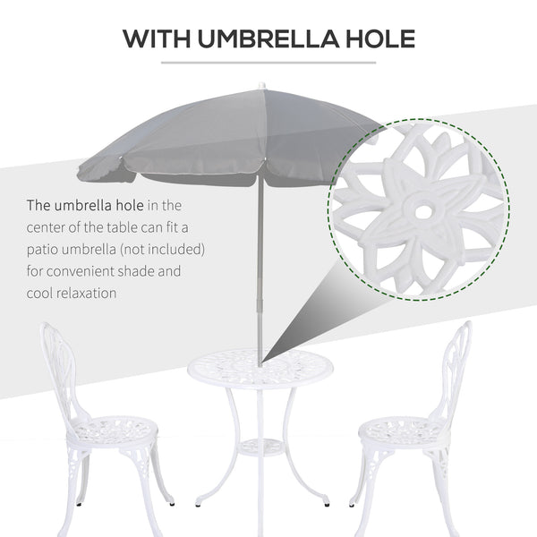 3 Piece Patio Bistro Set for 2, Outdoor Aluminium Garden Table and Chairs with Umbrella Hole for Balcony, White