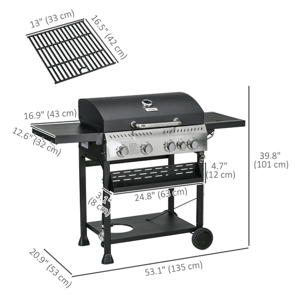 Propane Gas Grill with 4 Main Burners, 1 Side Burner, 40,000 BTU Outdoor BBQ Grill Cart with Wheels, Warming Rack, Shelves, Thermometer, Bottle Opener, Black