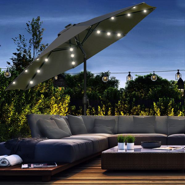 9ft Solar Patio Umbrella Outdoor Sunshade 24 LED Lights Tilt Canopy, Charcoal Grey