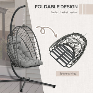 Outdoor PE Rattan Swing Chair with Cushion, Garden Foldable Basket Patio Hanging Egg Chair with Metal Stand, Headrest, for Indoor and Outdoor, Light Grey