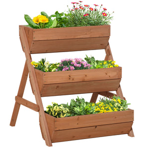 3 Tier 66L Raised Garden Bed Wooden Elevated Planter Box Kit for Flower, Vegetable, Herb, 65 x 75 x 76cm, Brown