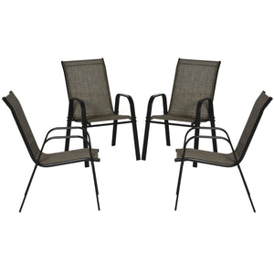 4 Pieces Garden Chairs, Stackable Outdoor Chairs with High Backrest and Armrest, Breathable Mesh Fabric Dining Chair Set of 4, Mixed Brown