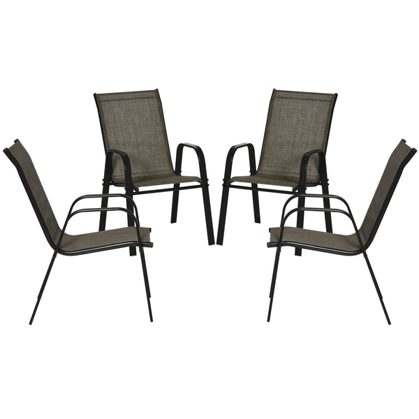 4 Pieces Garden Chairs, Stackable Outdoor Chairs with High Backrest and Armrest, Breathable Mesh Fabric Dining Chair Set of 4, Mixed Brown