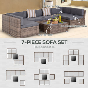 Outsunny 7-Piece Patio Furniture Set, Outdoor Wicker Conversation Set, All Weather PE Rattan Sectional Sofa Set with Cushions and Faux Wood Table, Stripe Pillows, Gray