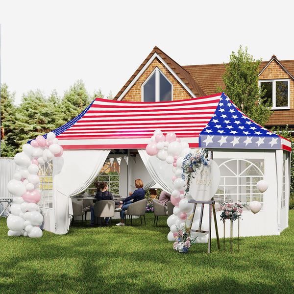 22.3 x 16.4 ft Party Tent, Heavy Duty Event Tent with Sidewalls, 2 Doors and 6 Windows, Outdoor Gazebo Shelter for Wedding, Party, American Flag